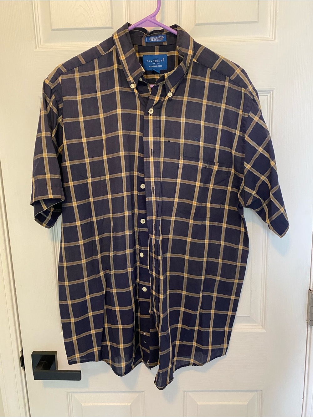 Towncraft Navy and Tan Plaid Short-Sleeve Button-Down Shirt